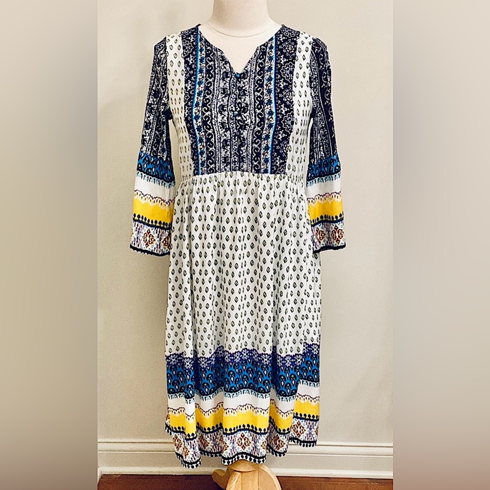 Reborn J Blue Yellow Geometric Print SZ S Boho Chic Retro 70s Style Artsy Dress